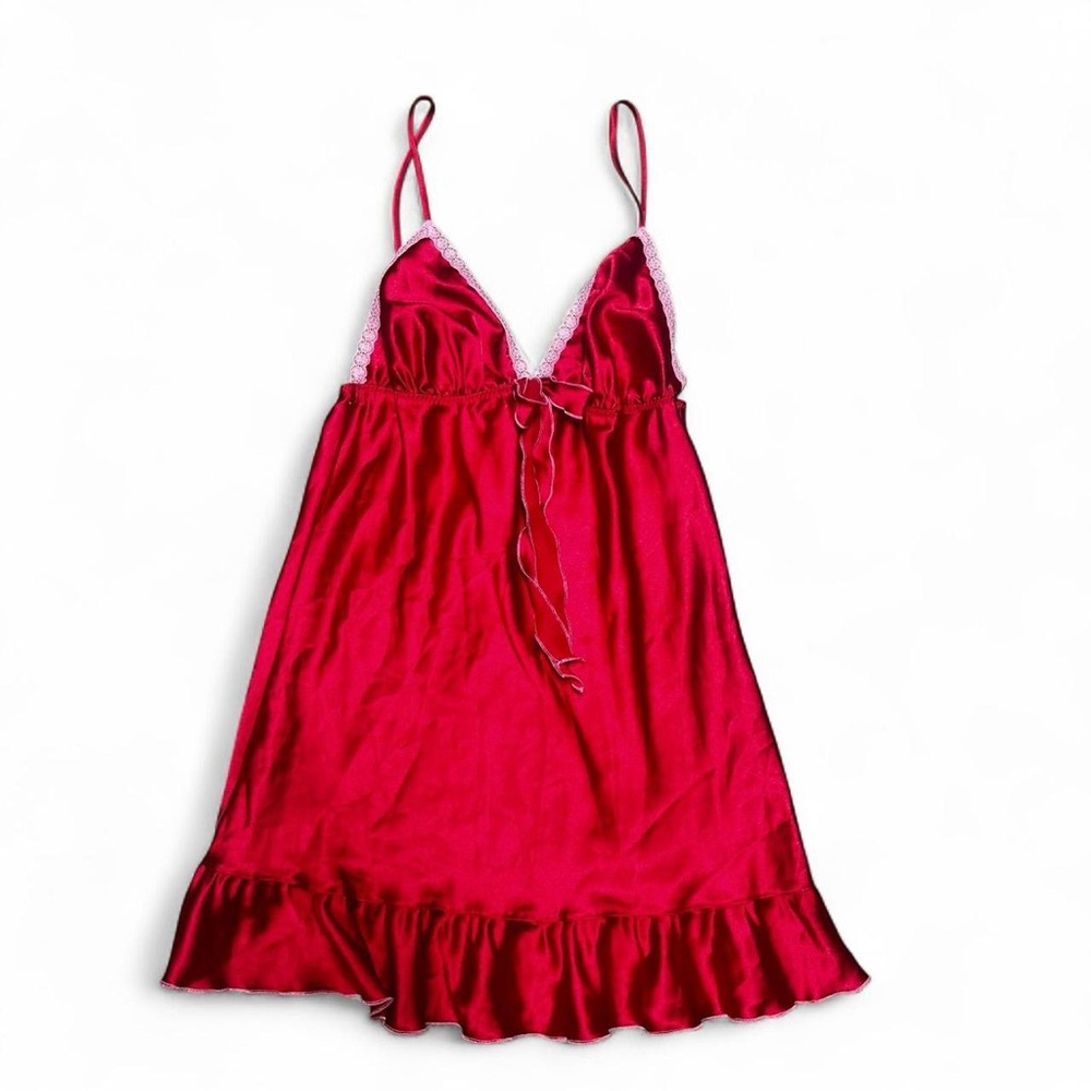 Victoria's Secret Red Satin Lace-Trim Chemise w/ Pink Lace